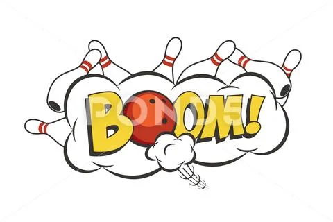 Vector cartoon bowling strike illustration. Moving red bowling ball and skittles Stock Illustration