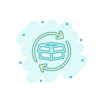 Vector cartoon box package return icon in comic style. Delivery box with arro Stock Illustration