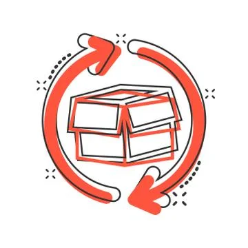 Vector cartoon box package return icon in comic style. Delivery box with arro Stock Illustration