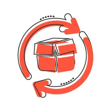 Vector cartoon box package return icon in comic style. Delivery box with arro Stock Illustration