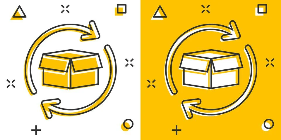 Vector cartoon box package return icon in comic style. Delivery box with arro Stock Illustration