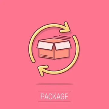 Vector cartoon box package return icon in comic style. Delivery box with ar.. Stock Illustration