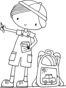 Vector cartoon boy and school bag black and white Stock Illustration