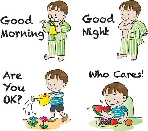 Vector cartoon boy brushing teeth wear pajamas watering plant and eat watermelon Stock Illustration