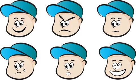 Vector cartoon boy in cap emoji sticker set Stock Illustration