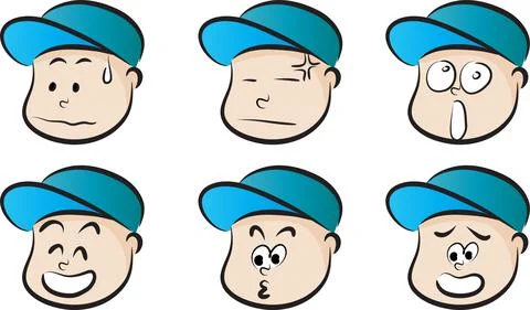 Vector cartoon boy in cap emoji sticker set Stock Illustration