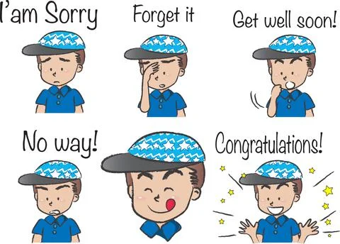 Vector cartoon boy with cap emoji set Stock Illustration