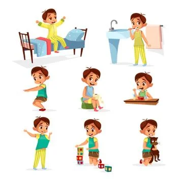 Vector cartoon boy daily routine activity set Stock Illustration