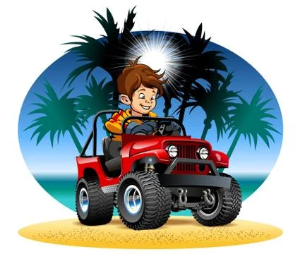 Vector cartoon boy driving 4x4 car on the beach Stock Illustration