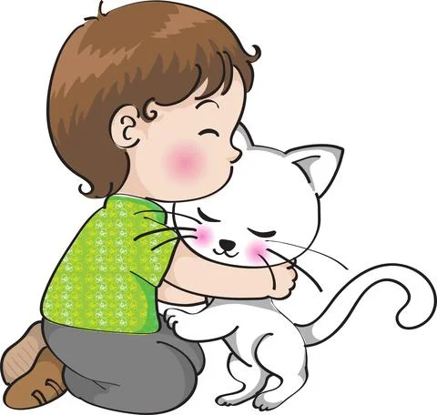 Vector cartoon boy hug cat Stock Illustration