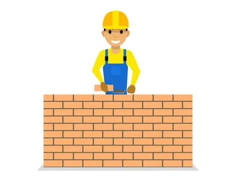 Vector cartoon bricklayer is building a brick wall Stock Illustration