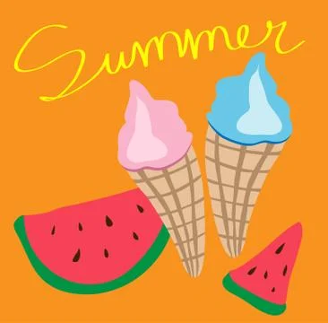 Vector cartoon bright funny ice cream cones and watermelon slices Stock Illustration