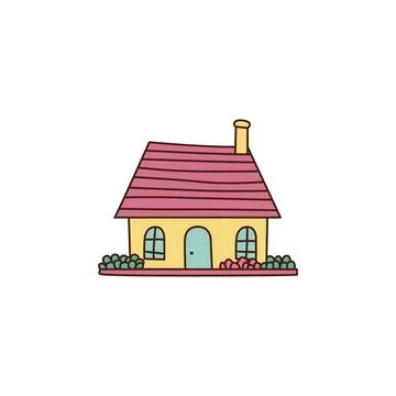 Vector cartoon bright pink and yellow house. Cute building. Child town Stock Illustration