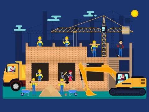 Vector cartoon builders on a construction site Illustration