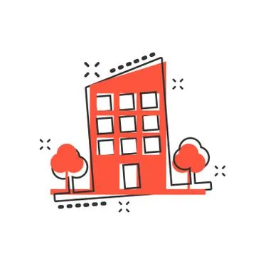 Vector cartoon building with trees in comic style. House sign illustration pi Ilustración de archivo