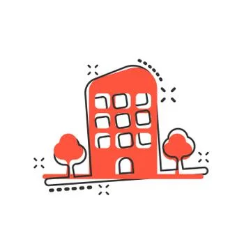 Vector cartoon building with trees in comic style. House sign illustration pi Ilustración de archivo