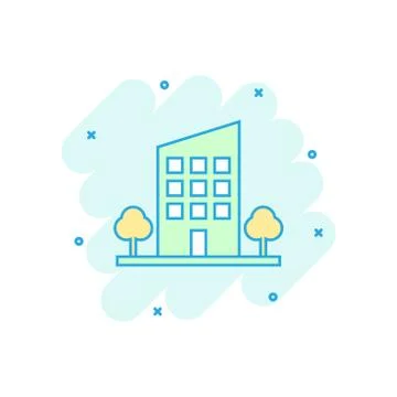Vector cartoon building with trees in comic style. House sign illustration pi Ilustración de archivo