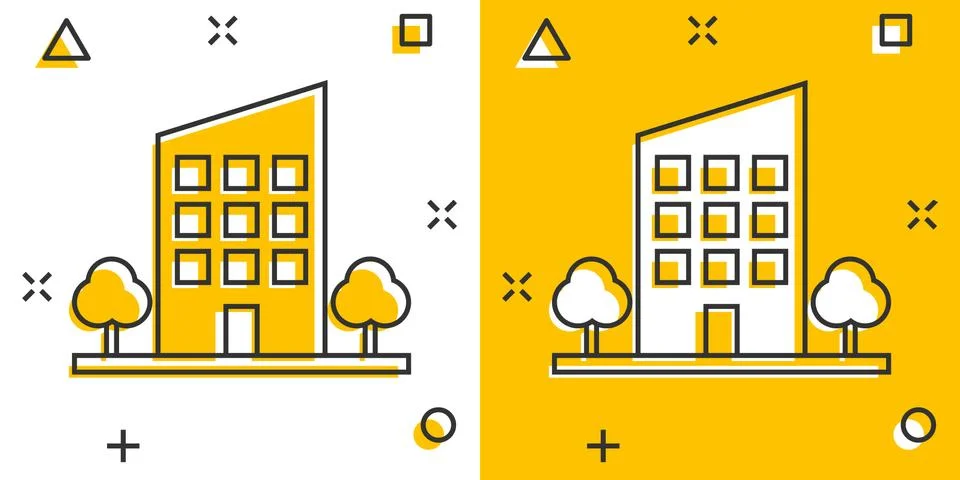 Vector cartoon building with trees in comic style. House sign illustration pi Ilustración de archivo