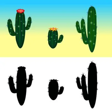 Vector cartoon cactus set with flowers and  silhouettes Stock Illustration