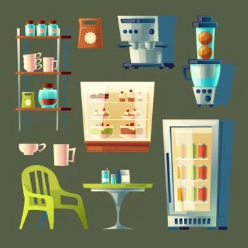 Vector cartoon cafe set. Sweet-shop, cafeteria interior Stock-Illustration