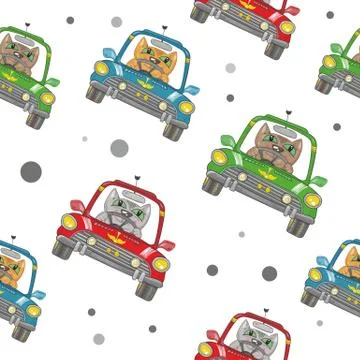 Vector Cartoon Cat on the Car Pattern Stock Illustration