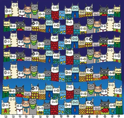 Vector Cartoon cats at deep blue night background Illustrazione stock