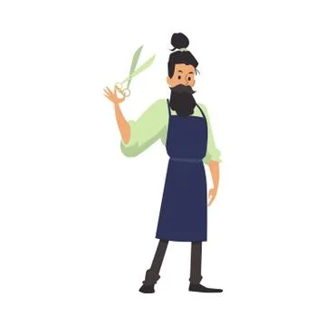 Vector cartoon character of bearded barber in apron and with scissors in hand Stock Illustration