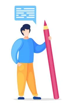 Vector cartoon character, man with huge pencil talking, dialogue cloud with text 스톡 일러스트