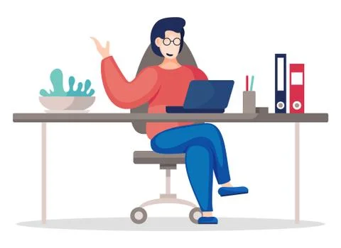 Vector cartoon character in office manager using laptop, smiling, talking with Illustrazione stock