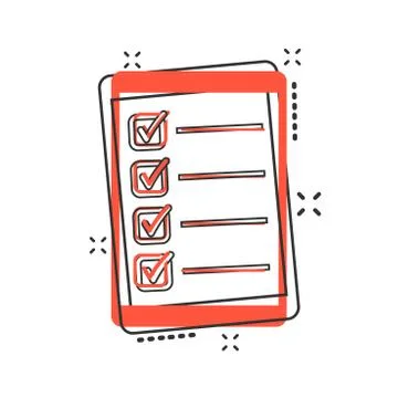 Vector cartoon checklist with tablet icon in comic style. Checklist, task lis 스톡 일러스트