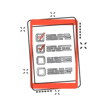 Vector cartoon checklist with tablet icon in comic style. Checklist, task lis Stock Illustration