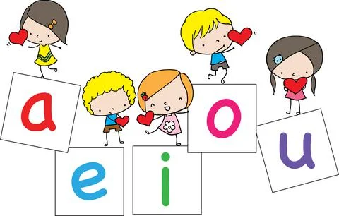 Vector cartoon children with aeiou phoincs education pre school background Stock Illustration