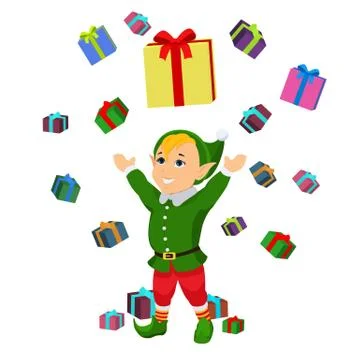 Vector cartoon christmas elf falling boxes gifts Stock Illustration