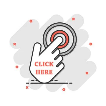 Vector cartoon click here icon in comic style. Hand cursor sign illustration  Stock Illustration