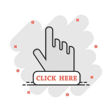 Vector cartoon click here icon in comic style. Hand cursor sign illustration  Stock Illustration