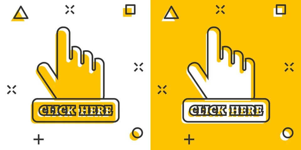 Vector cartoon click here icon in comic style. Hand cursor sign illustration  Stock Illustration