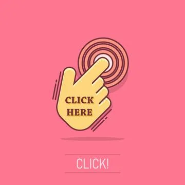Vector cartoon click here icon in comic style. Hand cursor sign illustratio.. Stock Illustration