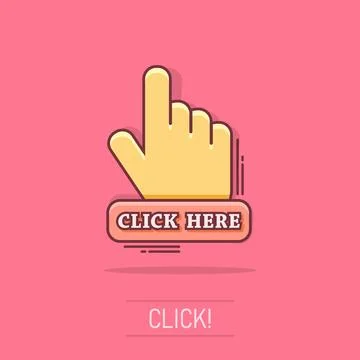 Vector cartoon click here icon in comic style. Hand cursor sign illustratio.. Stock Illustration