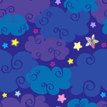 Vector cartoon clouds and stars nighttime seamless pattern イラスト素材