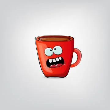 Vector cartoon coffee cup character with smiling face isolated on grey Stock Illustration