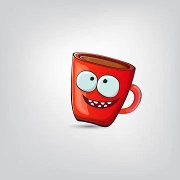 Vector cartoon coffee cup character with smiling face isolated on grey Stock Illustration