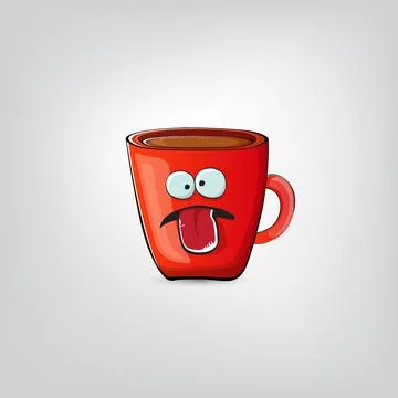 Vector cartoon coffee cup character with smiling face isolated on grey Stock Illustration