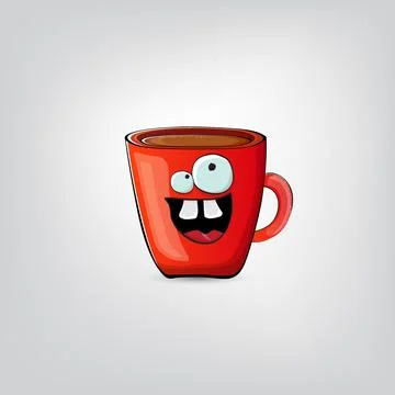 Vector cartoon coffee cup character with smiling face isolated on grey Stock Illustration
