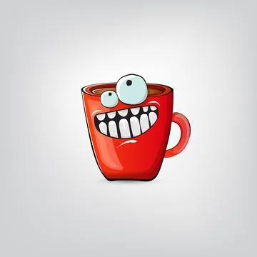 Vector cartoon coffee cup character with smiling face isolated on grey Stock Illustration