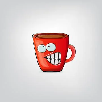 Vector cartoon coffee cup character with smiling face isolated on grey Stock Illustration