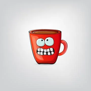 Vector cartoon coffee cup character with smiling face isolated on grey Stock Illustration