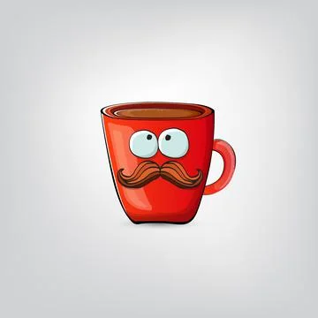 Vector cartoon coffee cup character with smiling face isolated on grey Stock Illustration