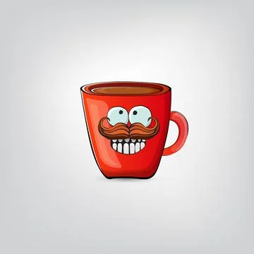 Vector cartoon coffee cup character with smiling face isolated on grey Stock Illustration