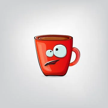 Vector cartoon coffee cup character with smiling face isolated on grey Stock Illustration