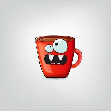 Vector cartoon coffee cup character with smiling face isolated on grey Stock Illustration